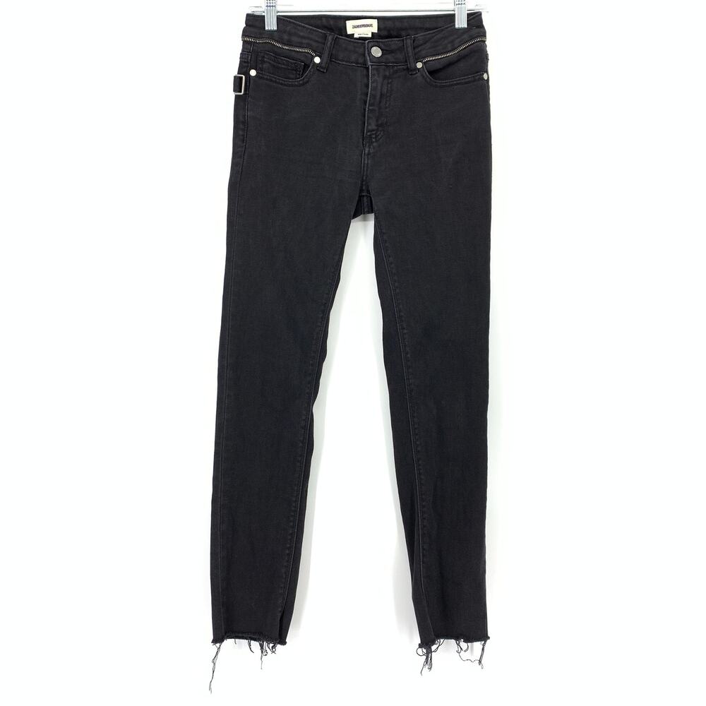 ZADIG & VOLTAIRE Women's Sz 26 Eva Zip Raw Hem Mid Rise Skinny Jeans Black *READ